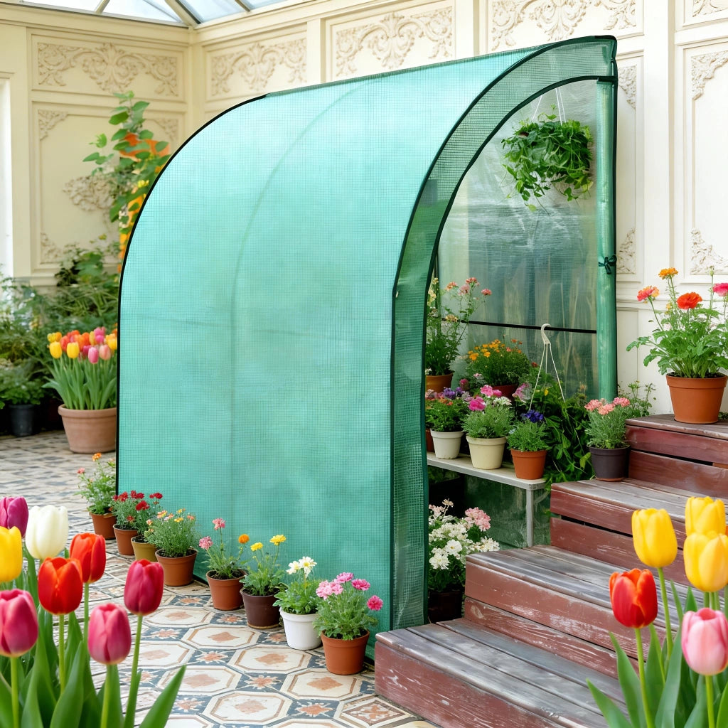 Serra da giardino addossata in polietilene verde 200x100x210 cm con struttura stabile e ventilazione