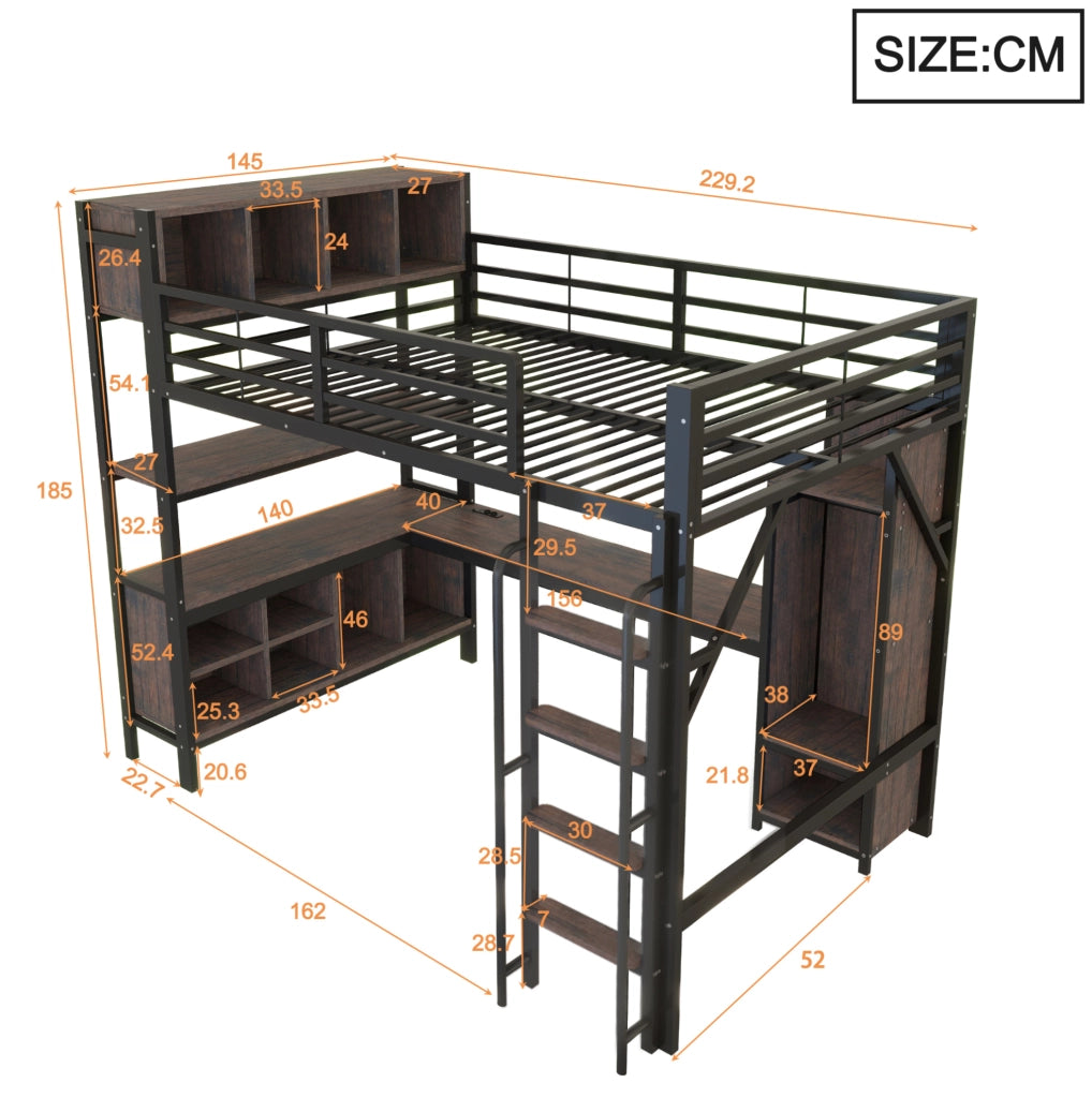 Letto a soppalco ULEVR 140x200 cm con scrivania, armadio, LED e prese UE, nero