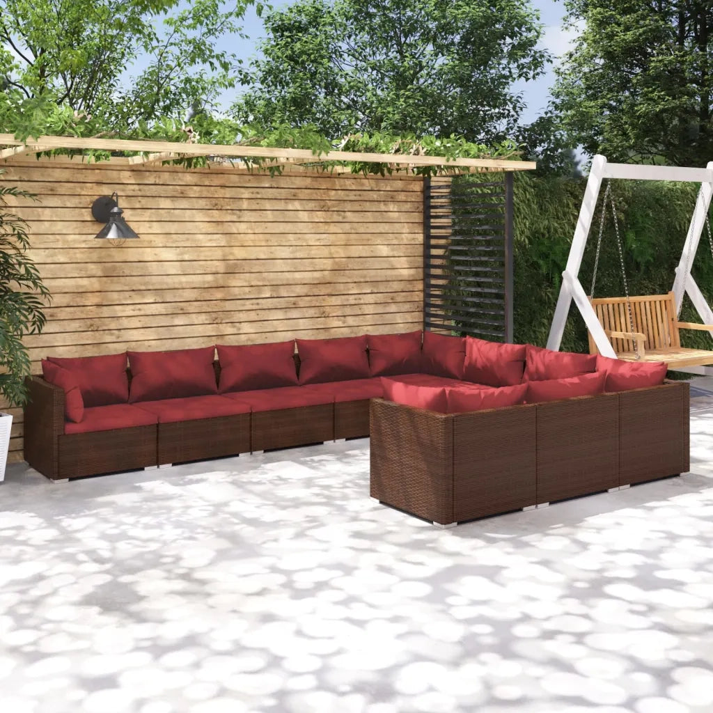 Set Divani da Giardino 10 pz con Cuscini in Polyrattan Marrone 3102779