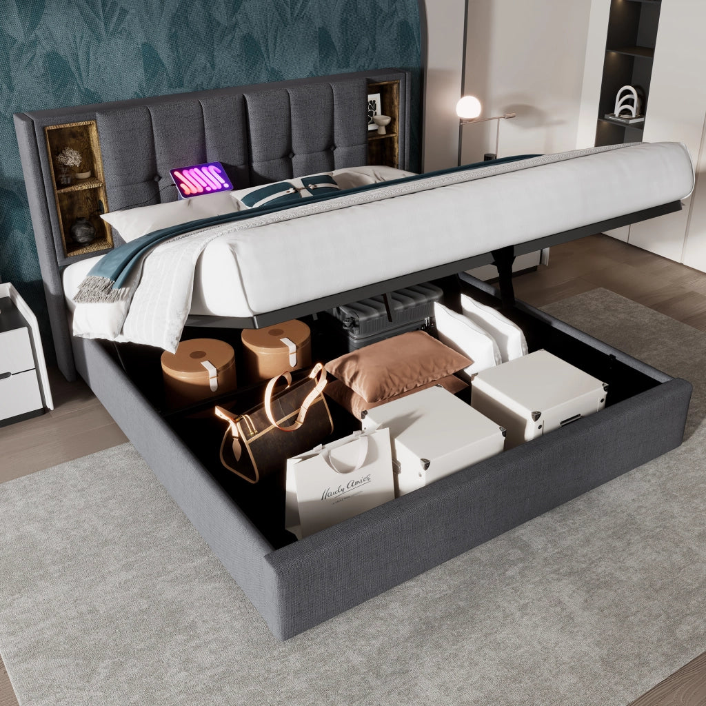 Letto matrimoniale 140x200 cm imbottito grigio con contenitore