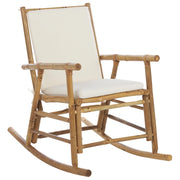 Sedia a dondolo da giardino bambù legno chiaro cuscini bianchi boho