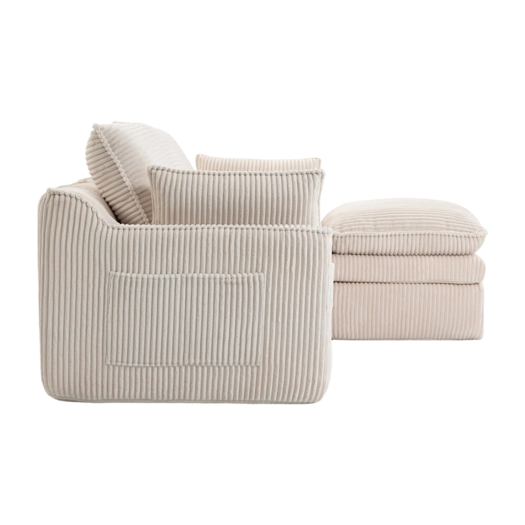 Divano modulare 3 posti in corduroy beige con pouf, tasche laterali e cuscini