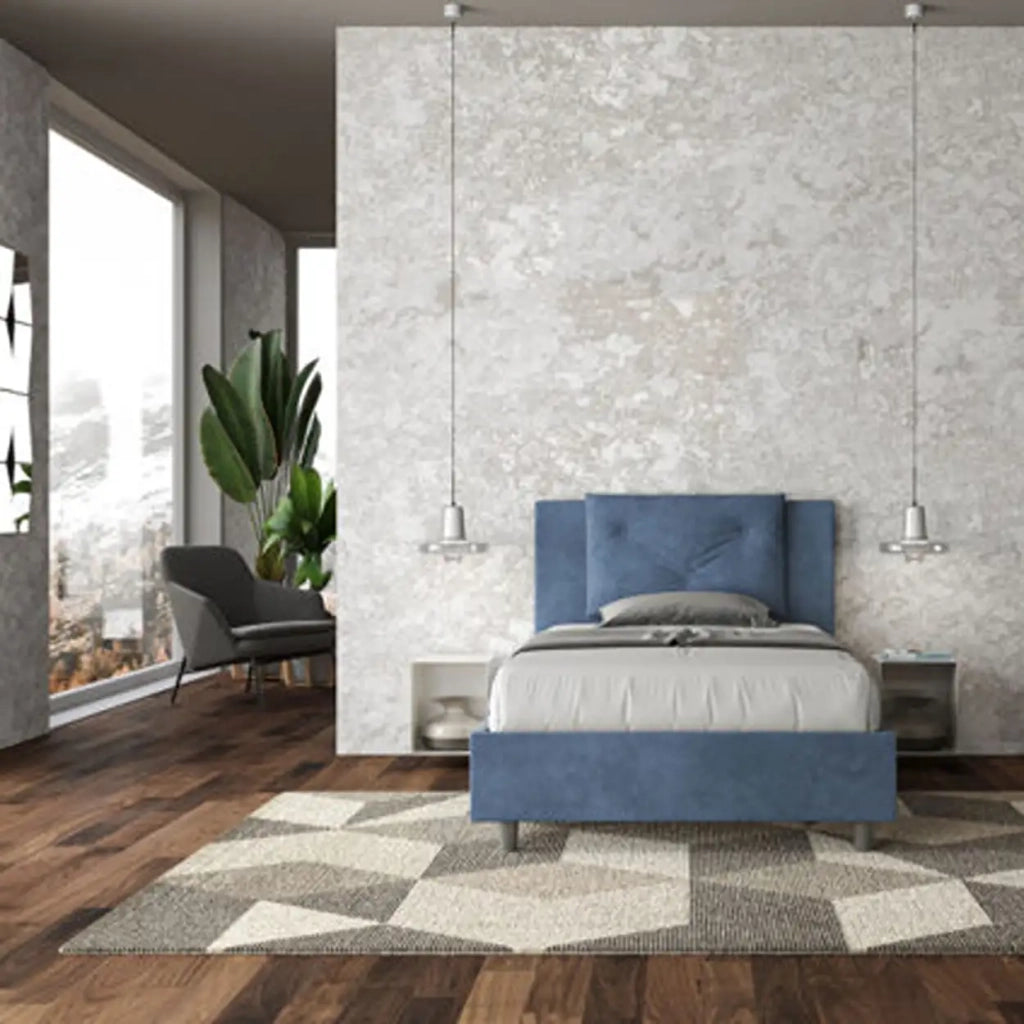 Letto una piazza e mezza con rete imbottito 120x200 microfibra blu Appia