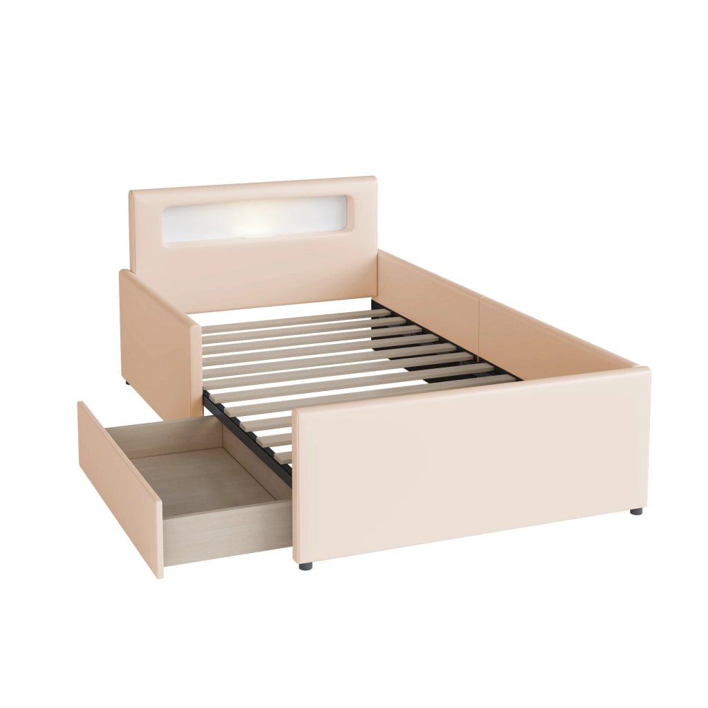 Letto imbottito per bambini 90x200 cm con luce LED; porta USB e cassetti; beige