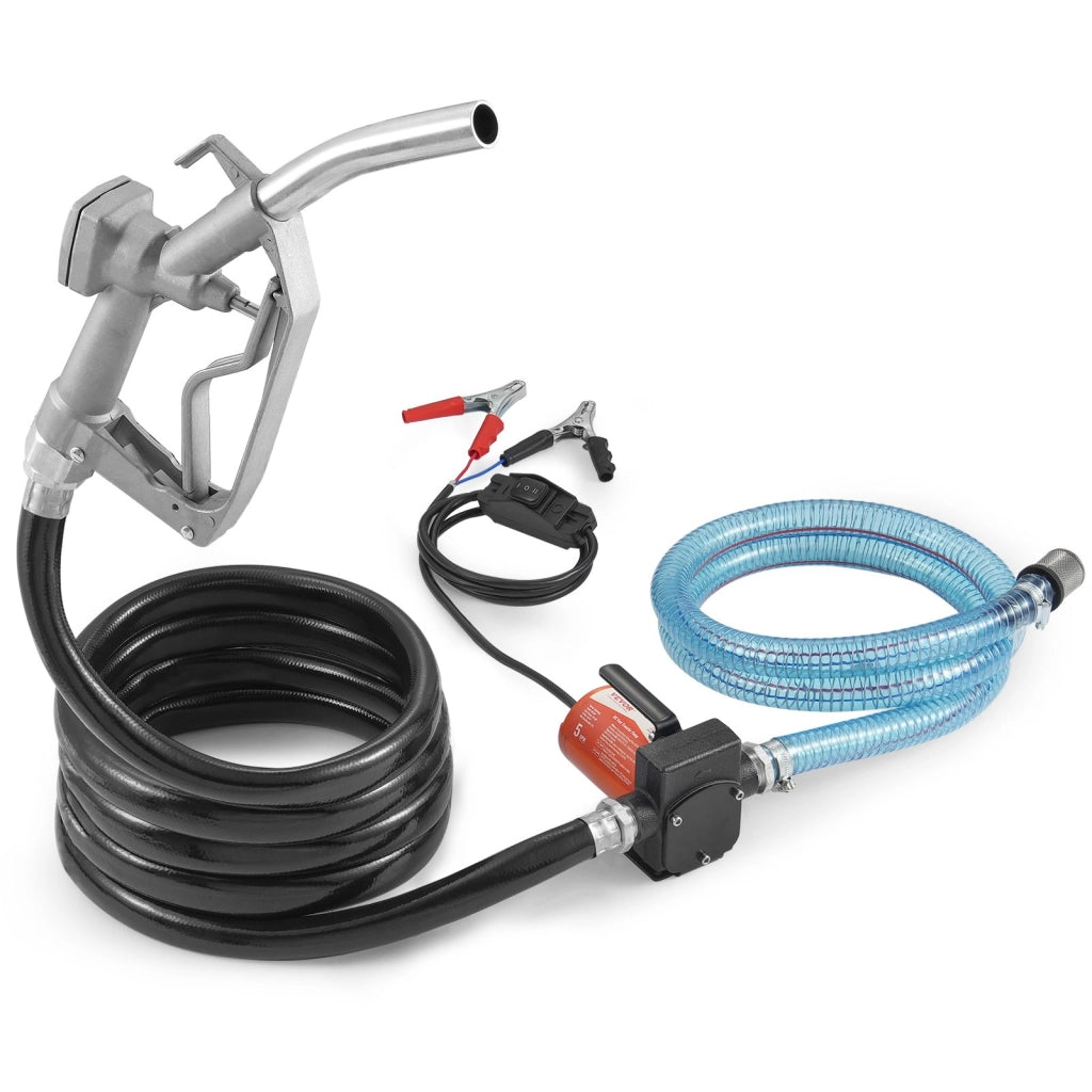 Pompa elettrica trasferimento carburante 12V 5 GPM 1/7 HP con ugello e spegnimento automatico per benzina e diesel DCEX40A portatile