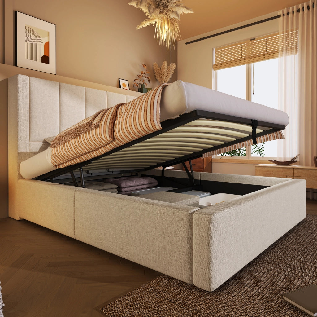 Letto imbottito 90x200 cm beige con contenitore, rete, materasso e testiera con USB/Type-C