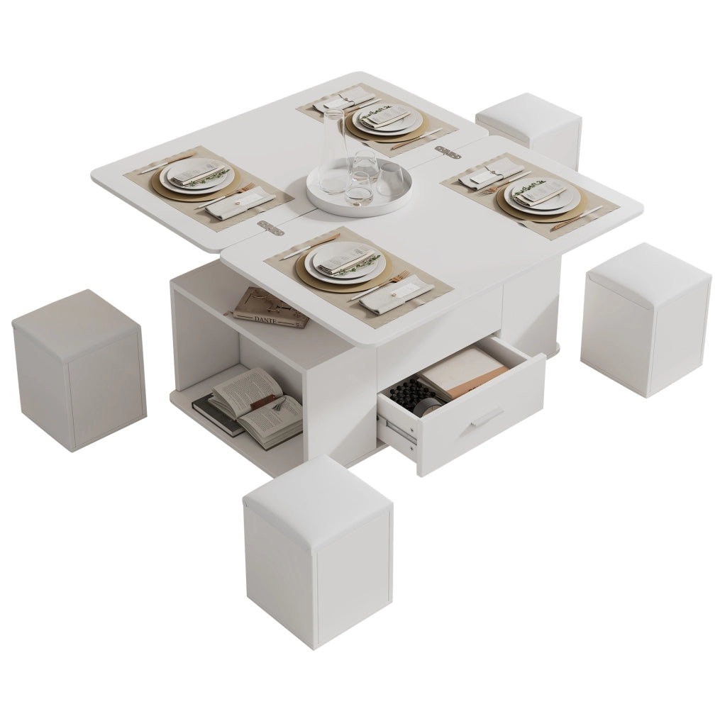 TAVOLO da caffè sollevabile 100 x 50 cm bianco con 4 sgabelli