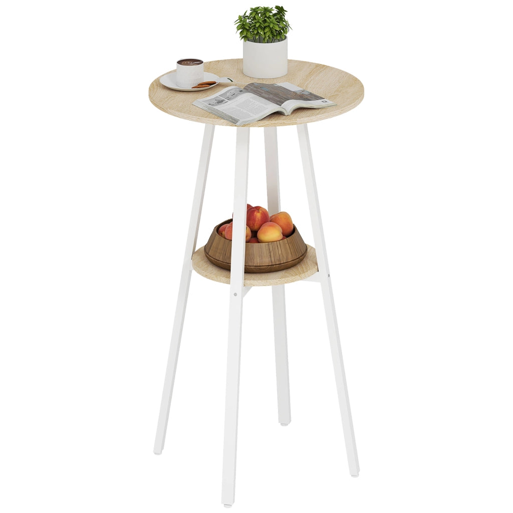 Tavolo Alto Rotondo con Mensola, Tavolo Moderno per Cucina o Sala da Pranzo, per 2 Persone, Naturale e Bianco