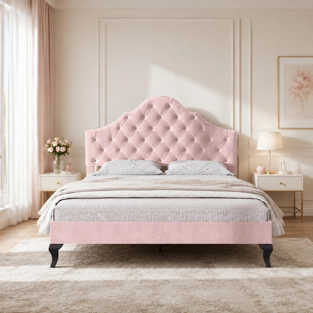 Letto imbottito 140 × 200 cm con rete a doghe e testiera regolabile rivestito in velluto rosa