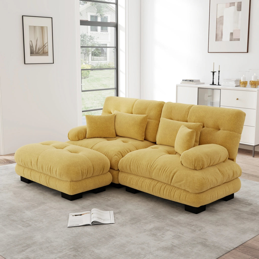 Divano Angolare Chenille 3 Posti con Ottoman e Cuscini ¨C Xylo ¨C Giallo