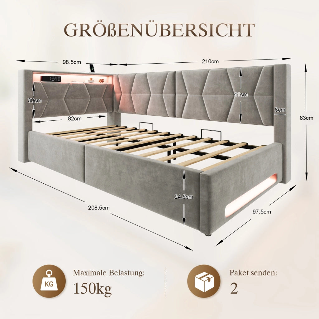 Letto imbottito 90x200 cm con contenitore, LED, USB e Type-C, velluto grigio scuro