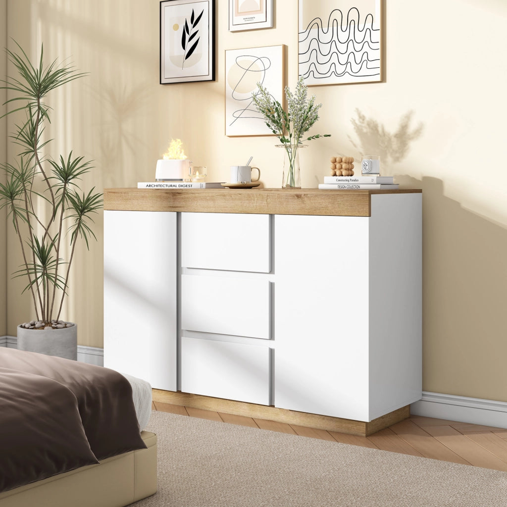 Cassettiera con 3 cassetti e 2 ante; bianco e rovere