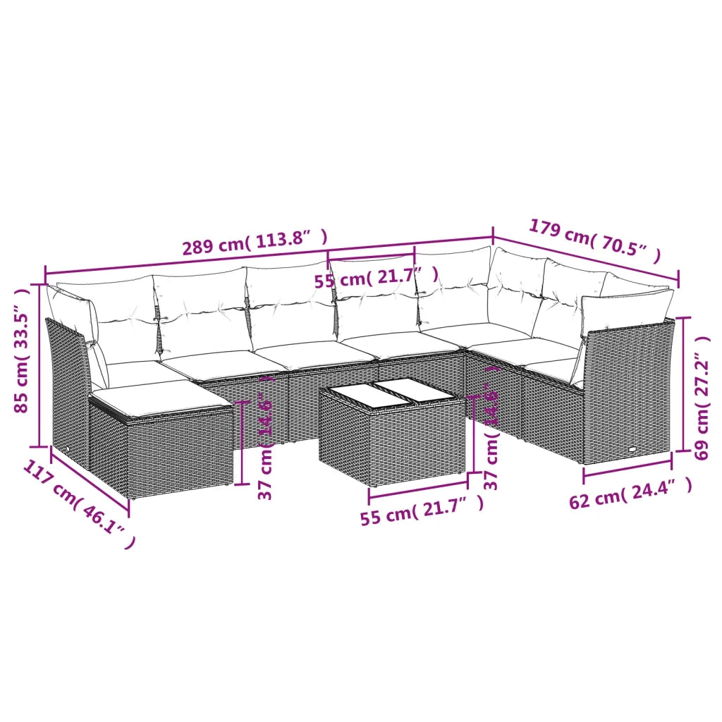 Set Divani da Giardino 9 pz con Cuscini Nero in Polyrattan 3218056