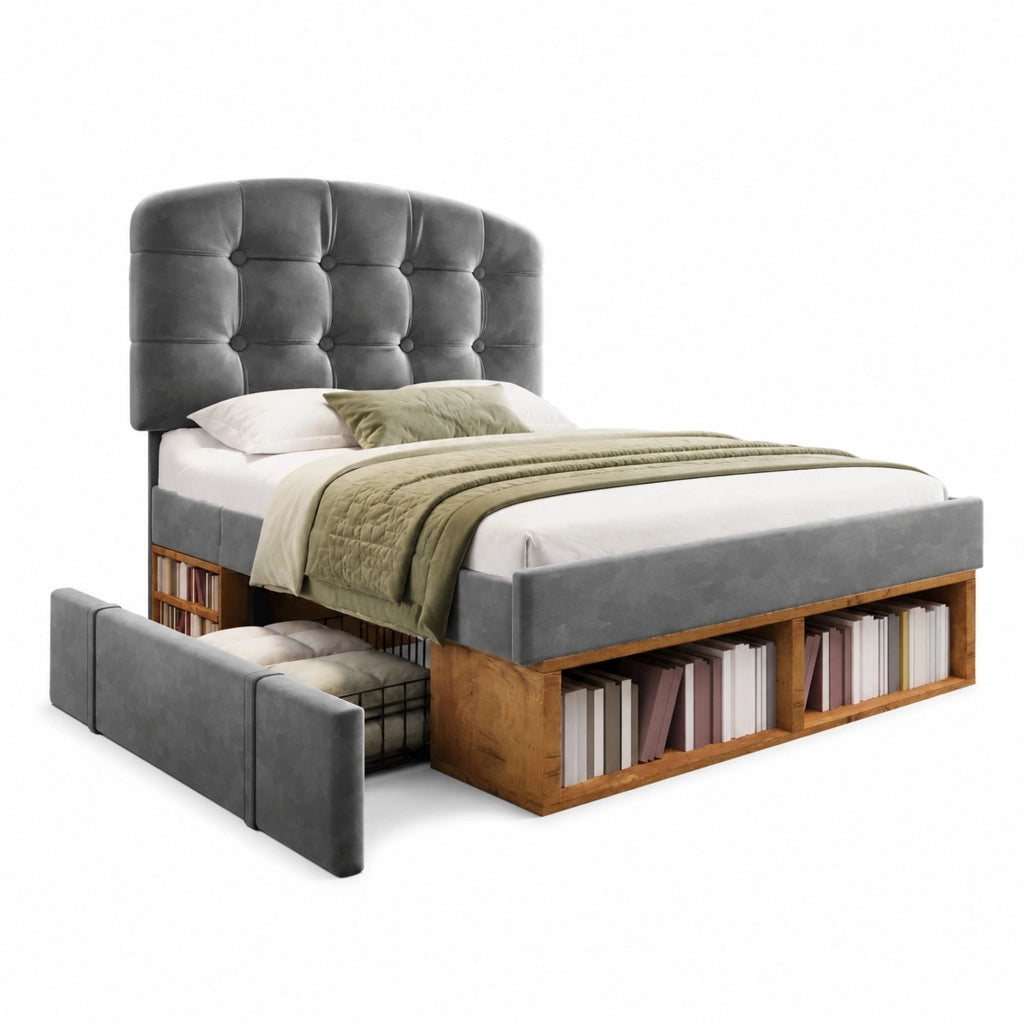 Letto singolo 90x200 in velluto grigio con testiera regolabile， rete a doghe， cassetti e vani portaoggetti， ideale per camera da letto， senza materasso