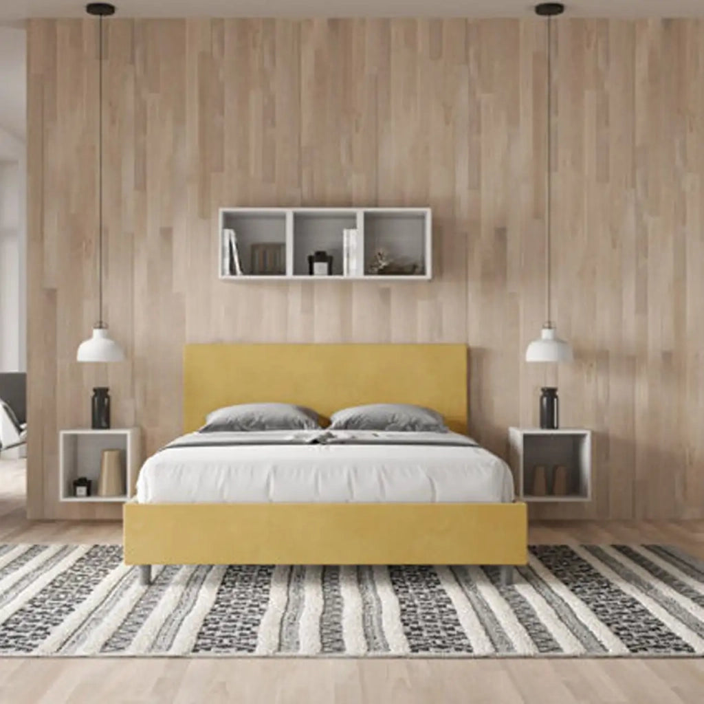 Letto matrimoniale senza rete imbottito 160x200 microfibra ocra Adele