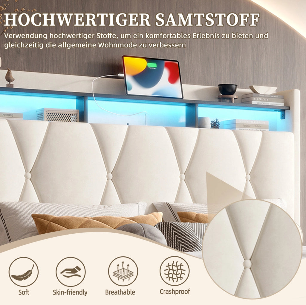 Letto matrimoniale 160x200 cm in velluto beige con LED, USB Type-C e contenitore