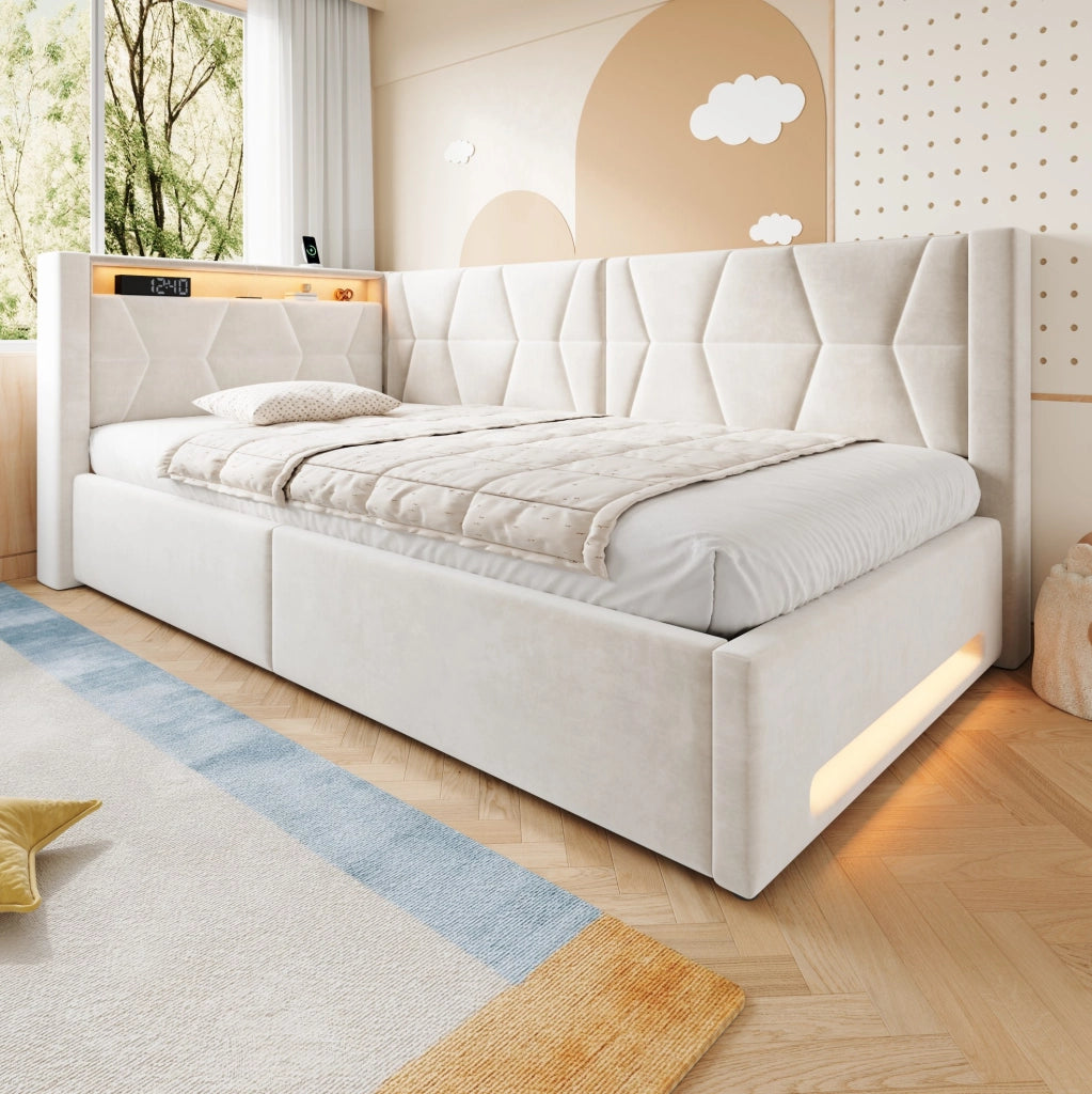 Letto imbottito 90x200 cm con contenitore, LED, USB e Type-C, velluto beige