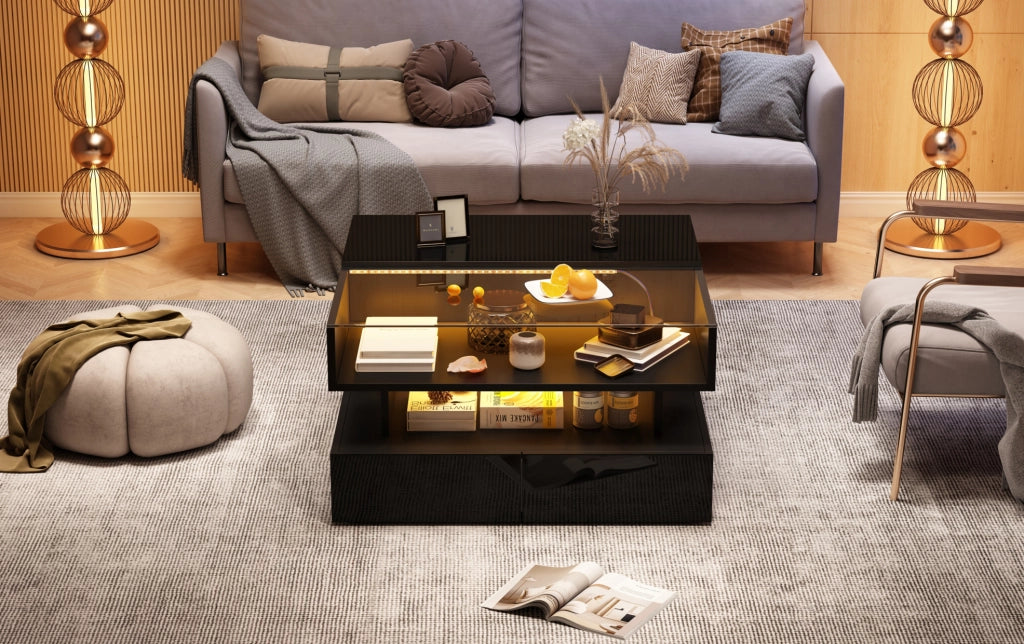 TAVOLINO da caffè 80x80x45 cm nero con LED e 2 cassetti