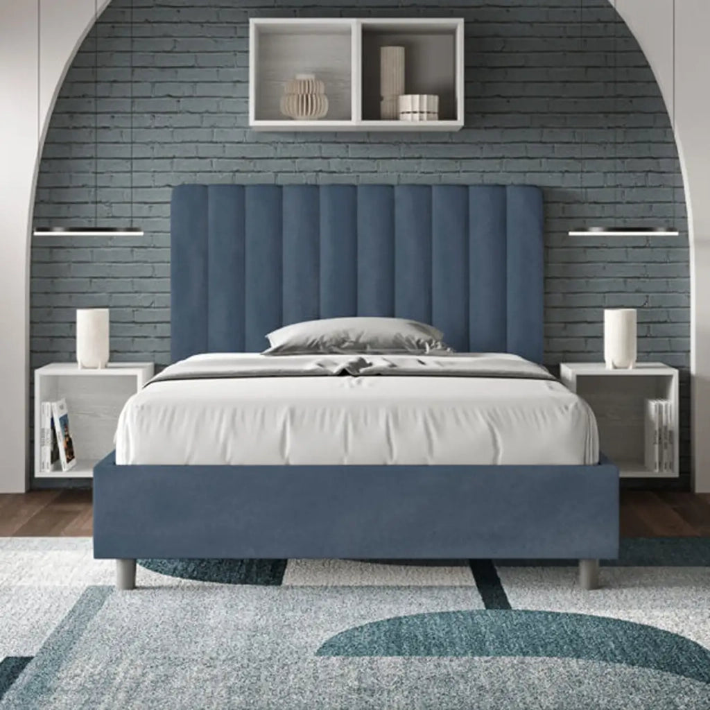 Letto una piazza e mezza senza rete imbottito 120x190 microfibra blu Agueda