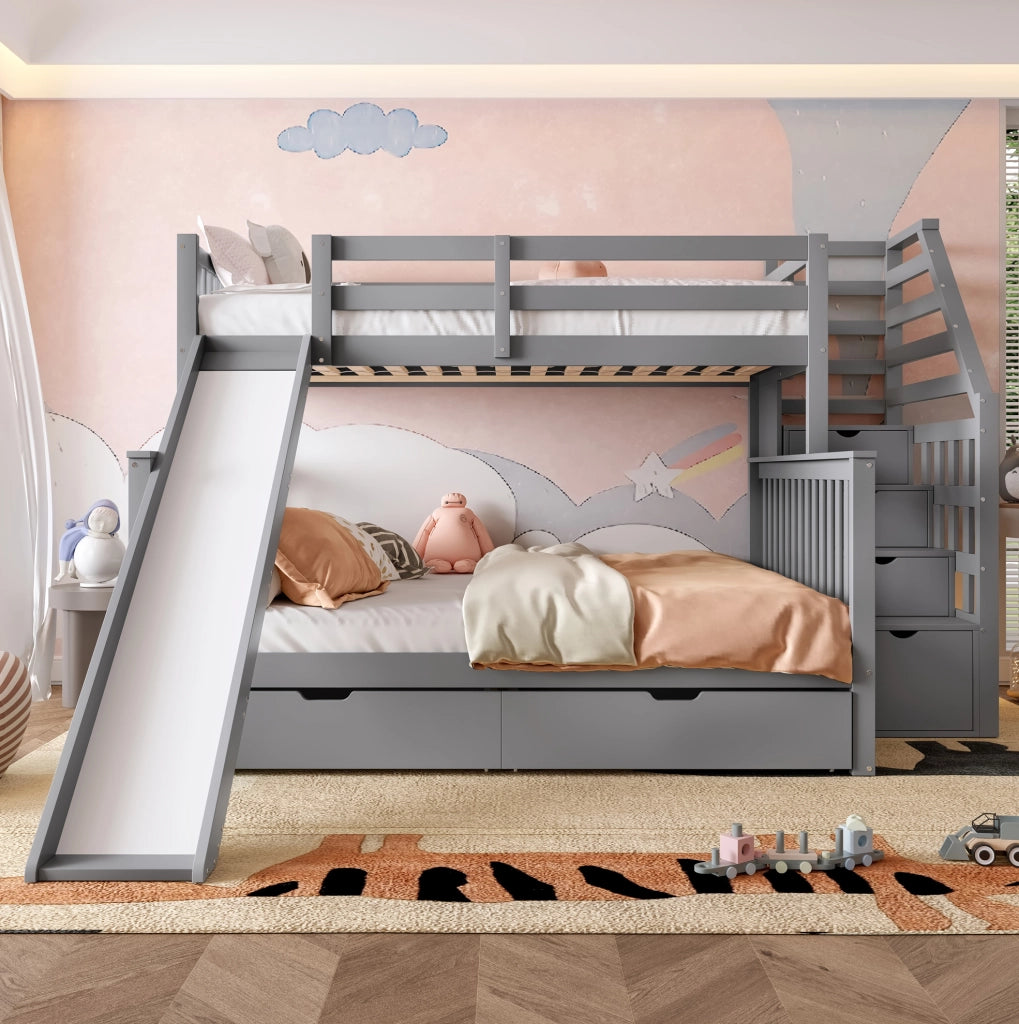 Letto a castello 90x200/140x200 cm con scivolo e cassetti