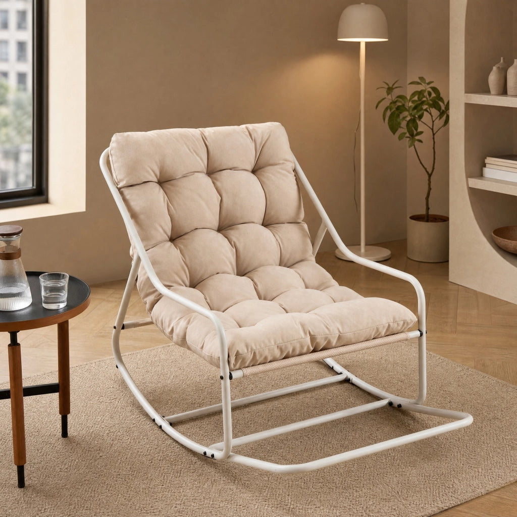 Sedia a dondolo da esterno in acciaio con cuscino spesso; beige; 75 x 116 x 82 cm