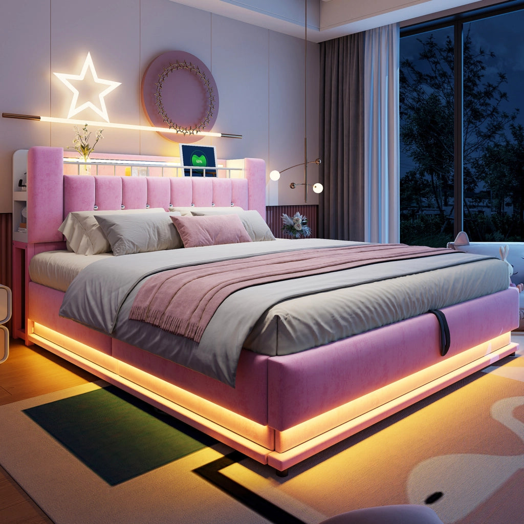 Letto matrimoniale imbottito 180x200 cm con LED, USB e contenitore, rosa