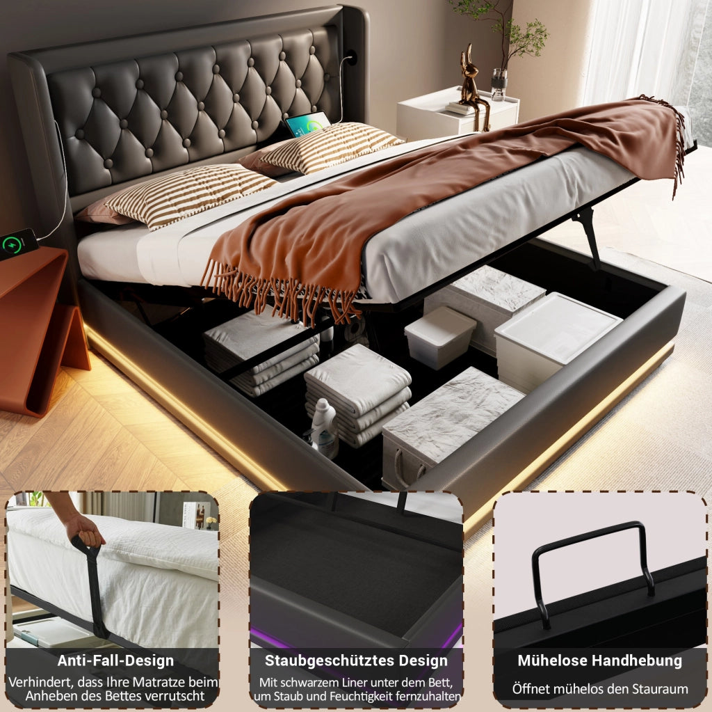 LETTO contenitore 160x200 cm in PU nero con USB Type-C e LED