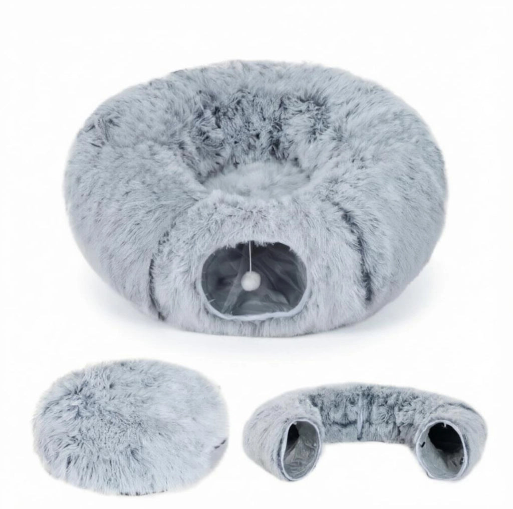 Tunnel per gatti modulabile con cuccia donut e cuscino lavabile grigio chiaro