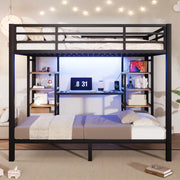 Letto a castello 90 × 200 cm e 140 × 200 cm in metallo e MDF nero con LED prese e ripiani integrati