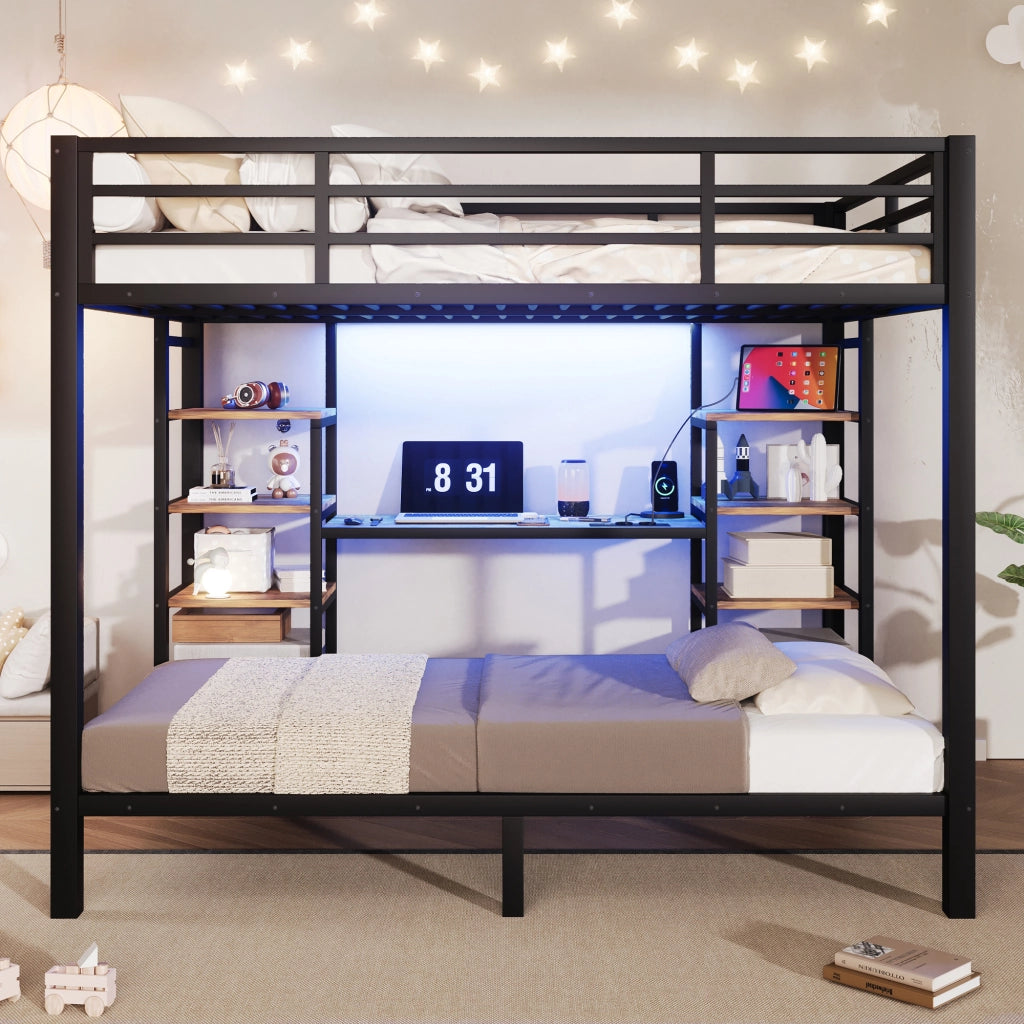 Letto a castello 90 × 200 cm e 140 × 200 cm in metallo e MDF nero con LED prese e ripiani integrati