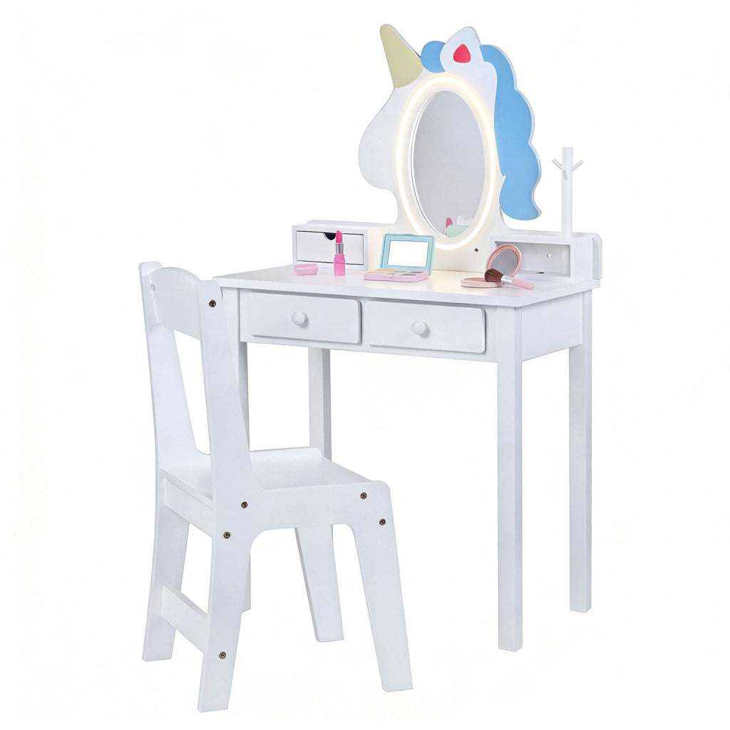 Toeletta trucco con tavolino sgabello e specchio rimovibile, Specchiera ad unicorno con luci per bambini 3-6 anni Bianco