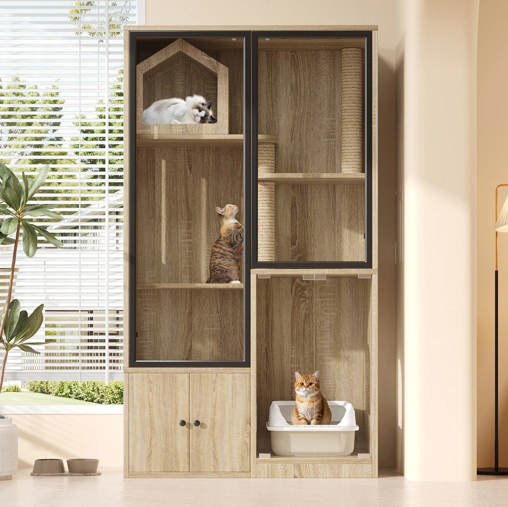 Mobile per gatti a 4 livelli con vetro temperato e tiragraffi in juta; 90x50x160 cm; naturale