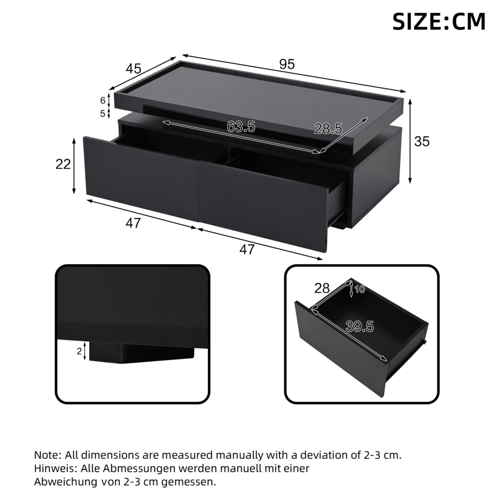 TAVOLINO DA CAFFÈ 95x45x35 cm Nero Lucido con LED e 2 Cassetti