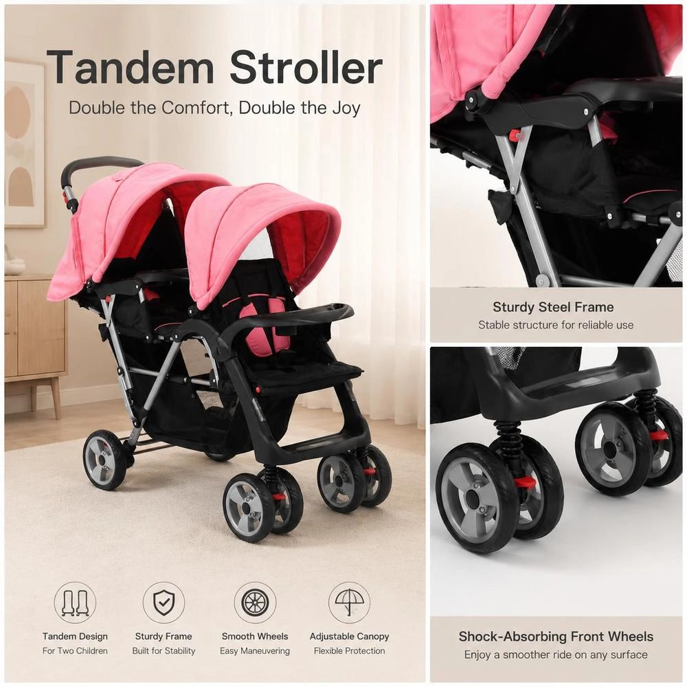 Tandem Stroller, Steel, Pink And Black