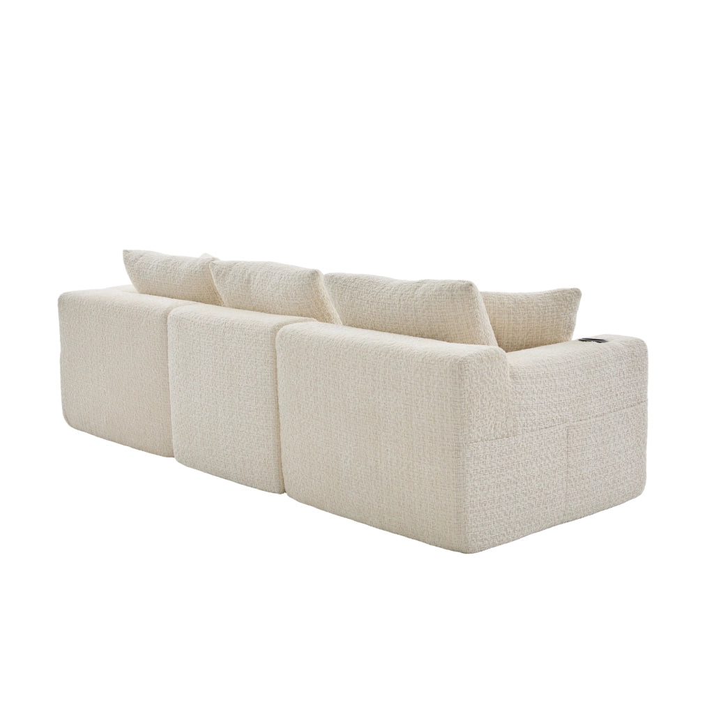 Divano modulare angolare 3 posti con braccioli larghi e tasche laterali in chenille beige
