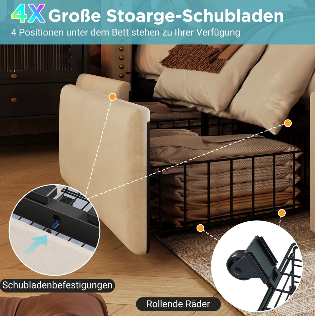 LETTO 160x200 cm in velluto beige con LED e porte USB/Type-C