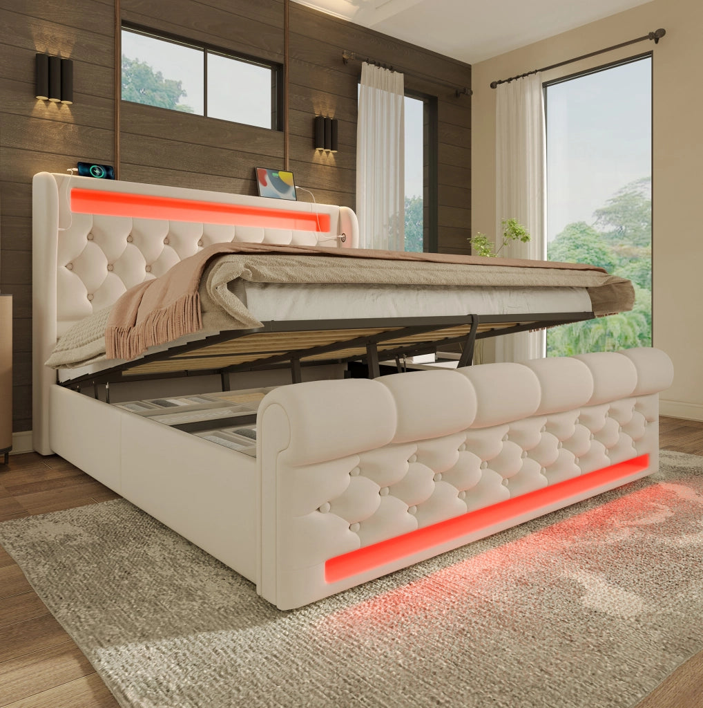 Letto matrimoniale 160x200 con LED, USB-C e vano contenitore