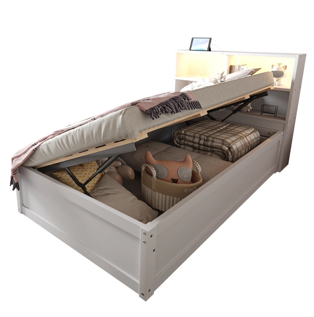 Letto singolo multifunzione 90x200 cm con LED e vani, bianco