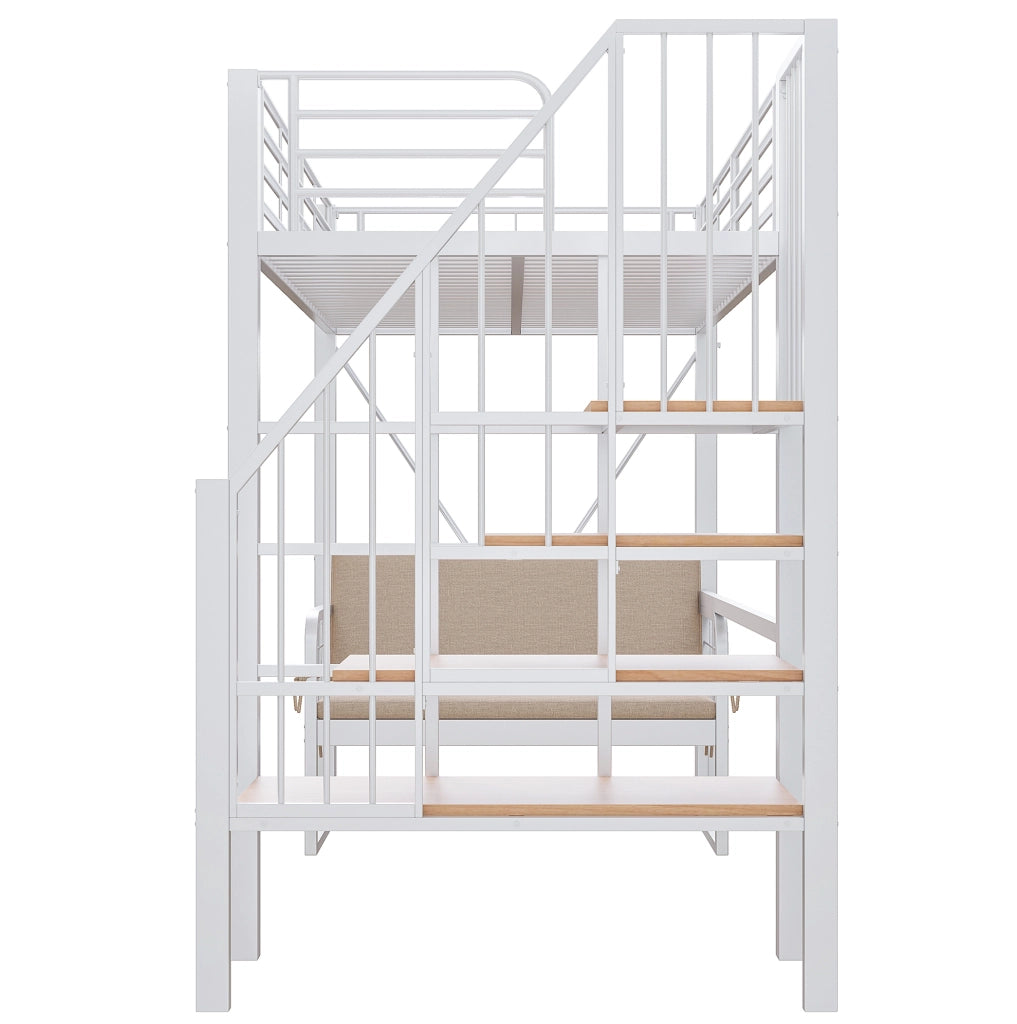 Letto a castello 90x200 cm con scala contenitore e divano removibile in metallo