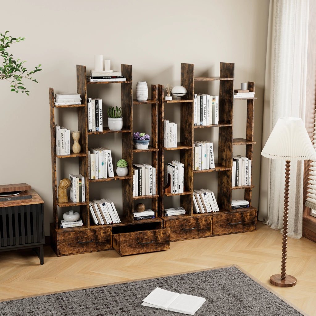 Libreria con 12 ripiani e 2 cassetti; anti-ribaltamento - per soggiorno e studio - in metallo e legno - 86.1x25.1x140.5 cm - marrone