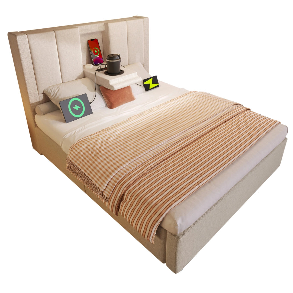 Letto imbottito 90x200 cm beige con contenitore, rete, materasso e testiera con USB/Type-C