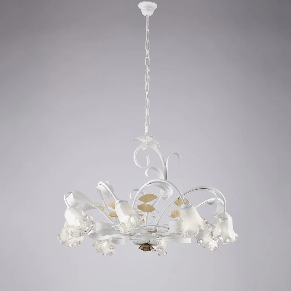 Lampadario Arte Povera Cesto Metallo Bianco E Oro 8 Luci E14