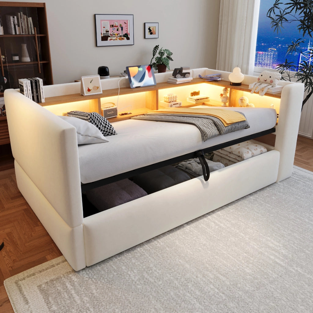 Divano letto imbottito 90x190 cm con contenitore idraulico; LED e prese; beige