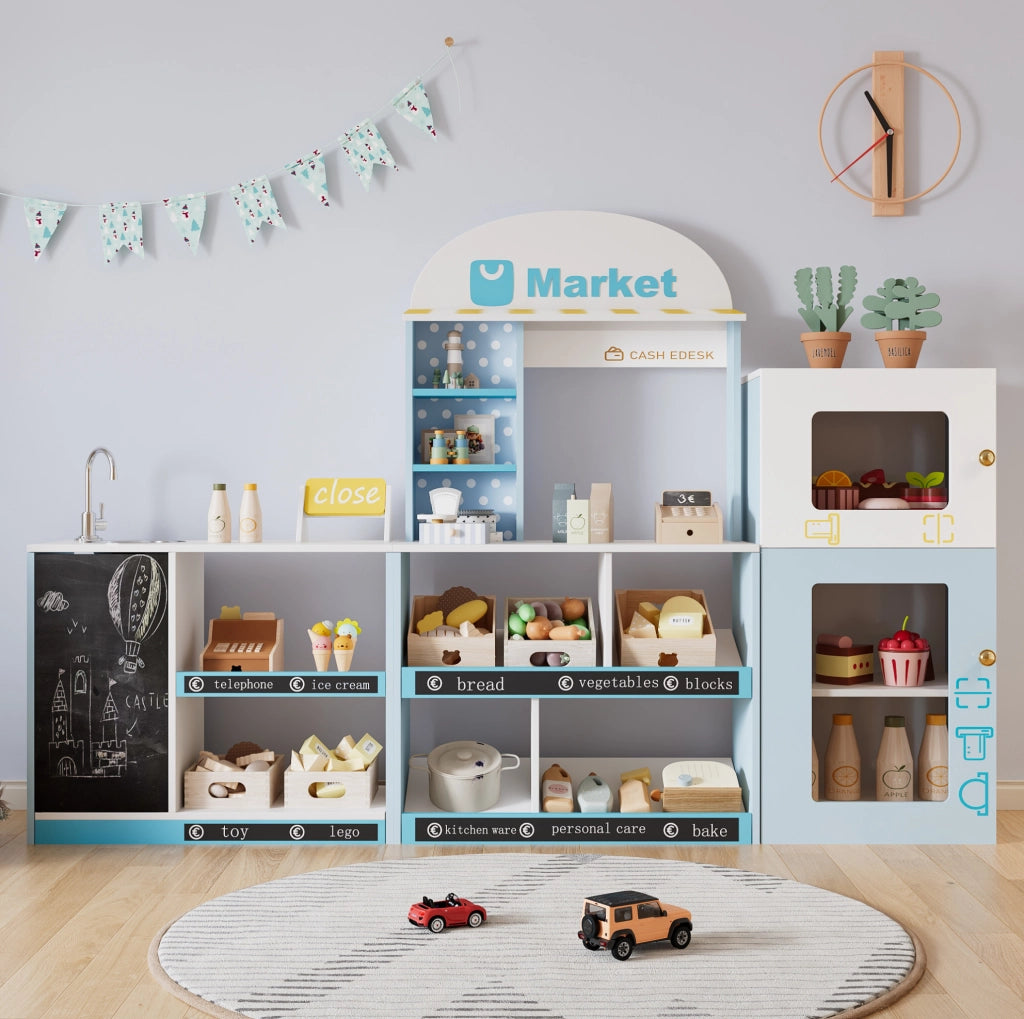 Negozio giocattolo 30x155x107,5 cm blu in MDF con lavagna