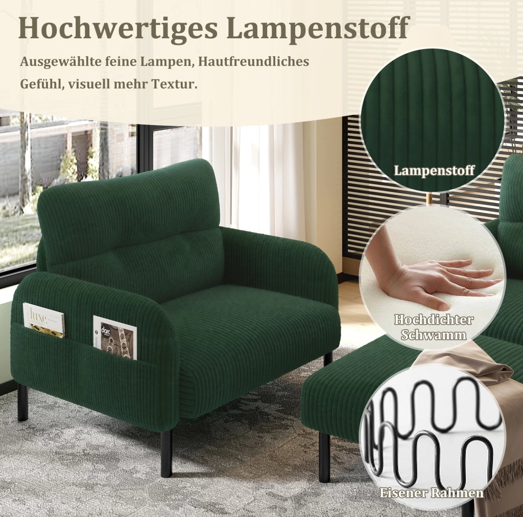 DIVANO Set da 3 pezzi 2 posti, poltrona e pouf in cord verde smeraldo