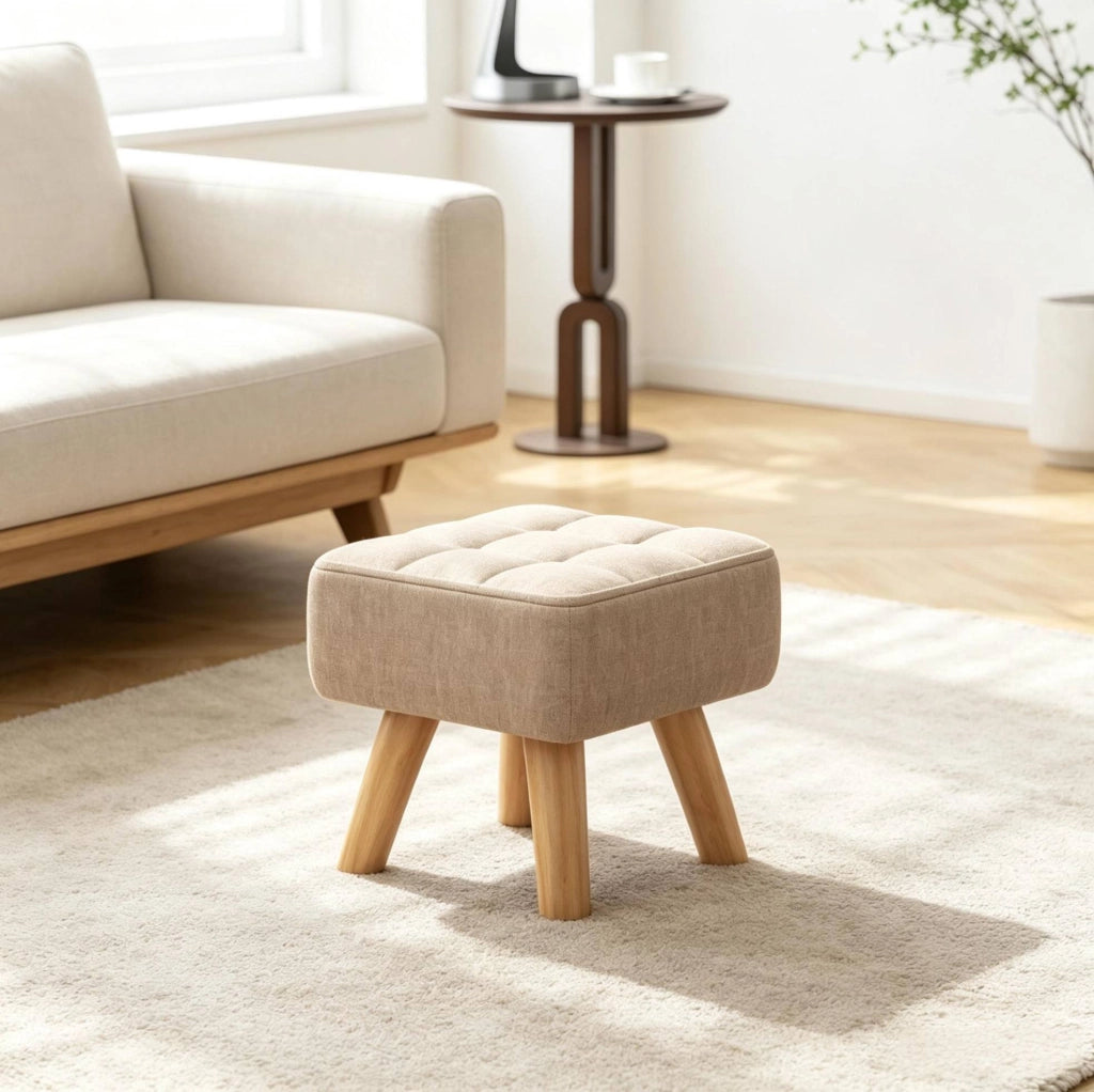 Pouf poggiapiedi imbottito in lino marrone chiaro 27 cm