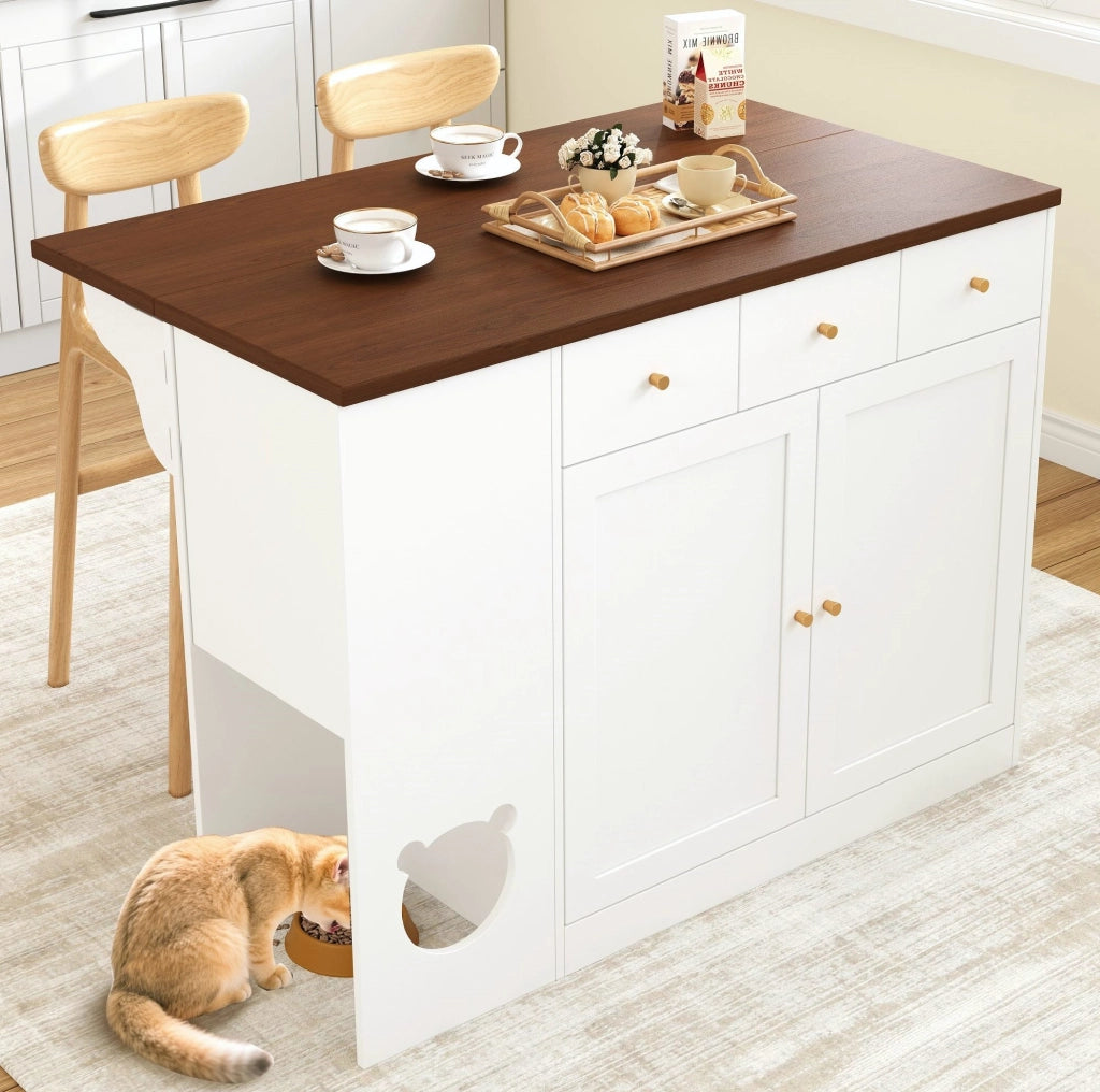 Tavolo da cucina con area per gatti, bianco e noce