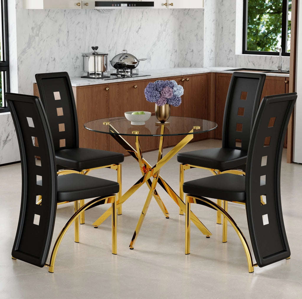 Set tavolo e sedie rotondo 88 cm in vetro temperato nero e oro per 4