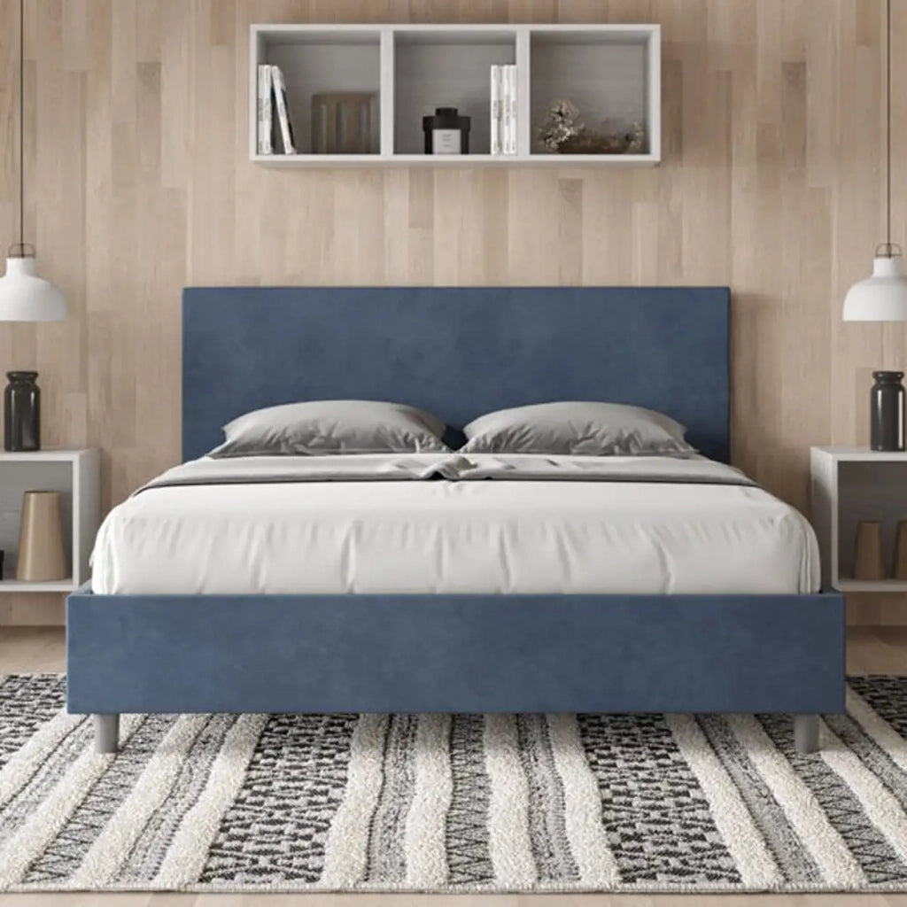 Letto matrimoniale senza rete imbottito 160x200 microfibra blu Adele