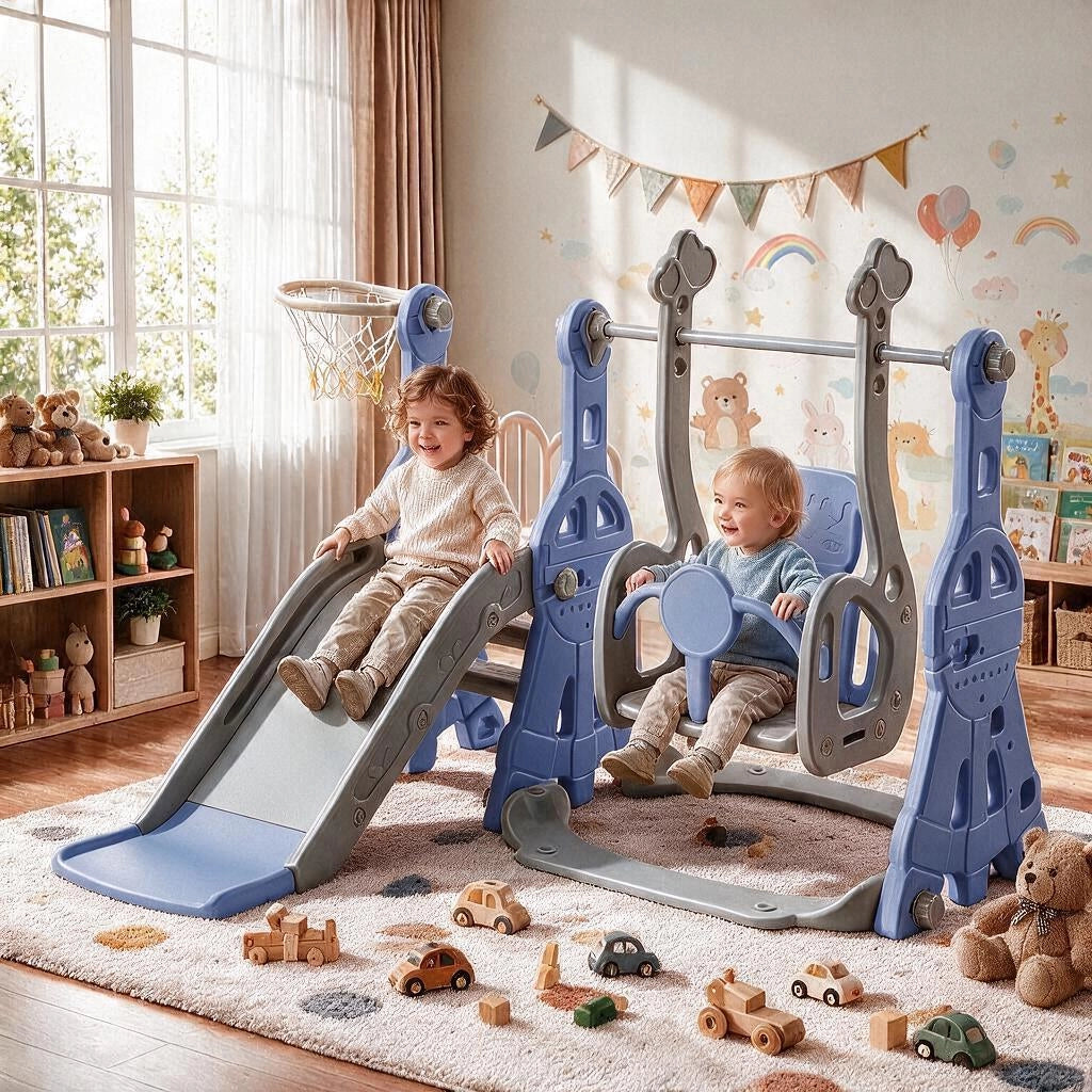 4 in 1 Parco Giochi Bambini 140x118x102cm Scivolo per Bambini, Parco Giochi Bambini Interno, con Altalena, Scivolo, Canestro Basket, Scala, Blu